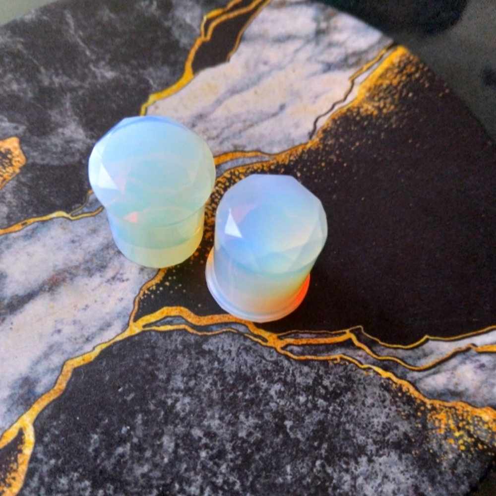Pair Tawapa Opalite Single Flare Double Sided 12mm Faceted Plugs Earrings